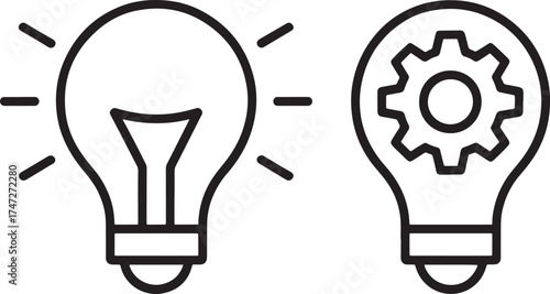 Two light bulb icons one with filament one with gear black outline on white idea innovation