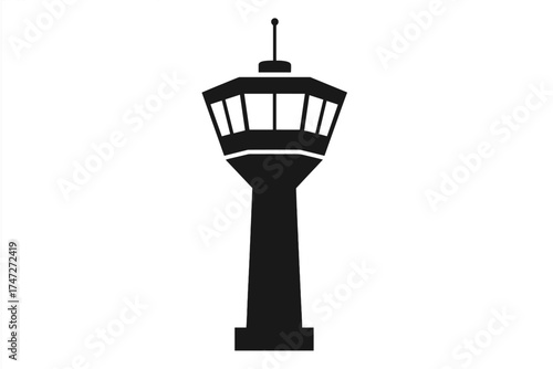 Black silhouette airport control tower vector icon illustration isolated on transparent background, aviation control, airport management, traffic control, air traffic safety symbol