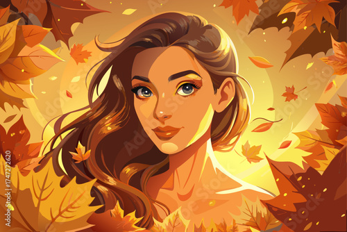 vector of Portrait of beautiful young woman, smooth glowing skin, soft smile, surrounded by large golden autumn leaves floating in the air, warm sunlight, beauty advertising photography,
