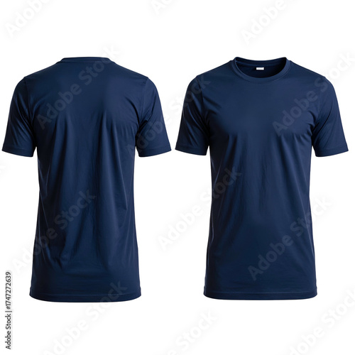Front and back view of a plain, short-sleeved, navy blue crewneck t-shirt