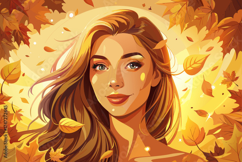 vector of Portrait of beautiful young woman, smooth glowing skin, soft smile, surrounded by large golden autumn leaves floating in the air, warm sunlight, beauty advertising photography,