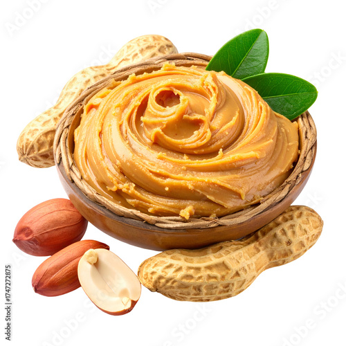 Creamy peanut butter swirls in a rustic bowl, surrounded by peanuts and leaves