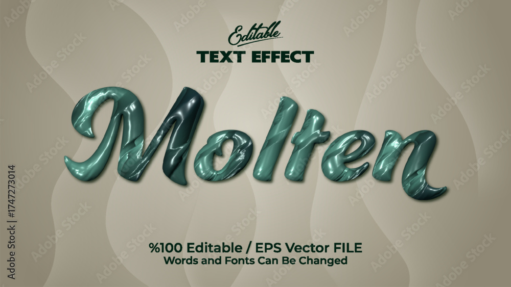 Obraz premium Molten text effect editable vector file with glossy metallic style and smooth shiny surface design for creative typography and graphic projects