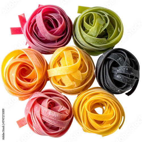 Colorful, coiled pasta nests arranged in a flower-like pattern, showing varied hues