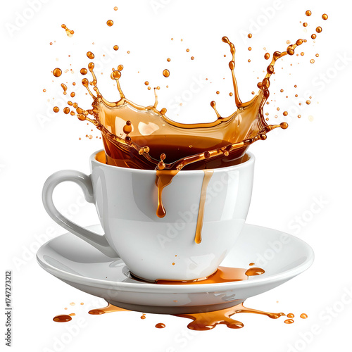A white ceramic cup and saucer are shown as coffee splashes upwards in a dynamic display