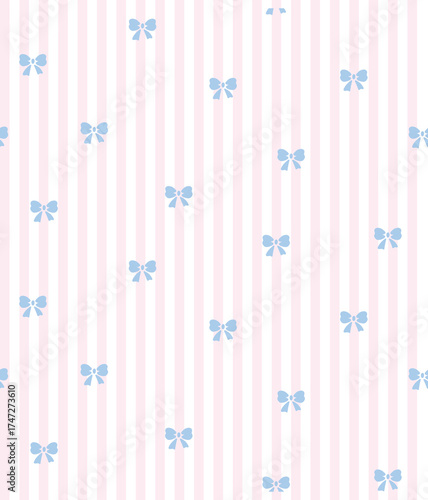 seamless baby bow pattern on stripe, Seamless bow pattern with stripe on blue bow and pink stripe background on stipe and white . Coquette and balletcore aesthetic. Vintage striped ribbon bows