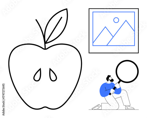 Large apple outline, framed art piece with mountains, kneeling person examining with magnifying glass. Ideal for creativity, exploration, curiosity, analysis, learning, minimalism simple flat