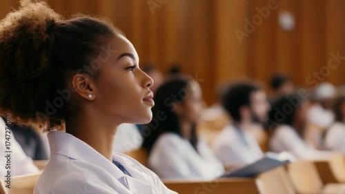 Medical students celebrate their commencement with a ceremony in the school auditorium.