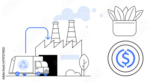 Recycling truck unloading at eco-friendly factory with smoke emissions, potted plant, and money icon. Ideal for sustainability, green energy, recycling, environmental solutions, business