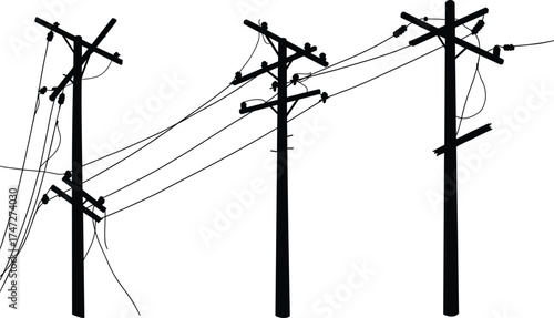 Electric power poles and hanging wires silhouette, black and white vector illustration of old wooden utility posts with tangled cables