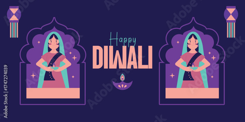 Happy Diwali banner with a symmetrical design. Features two stylized Indian women in traditional attire performing Namaste in decorative Mughal archways on a deep purple background.
