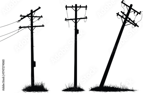 Electric power poles silhouette illustration, electricity distribution lines, utility post design with grass base, industrial energy infrastructure on white background