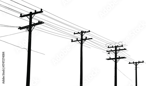 Electric power poles with multiple high voltage wires, black silhouette vector illustration, energy transmission and utility infrastructure on white backgroundElectric power poles with multiple high 