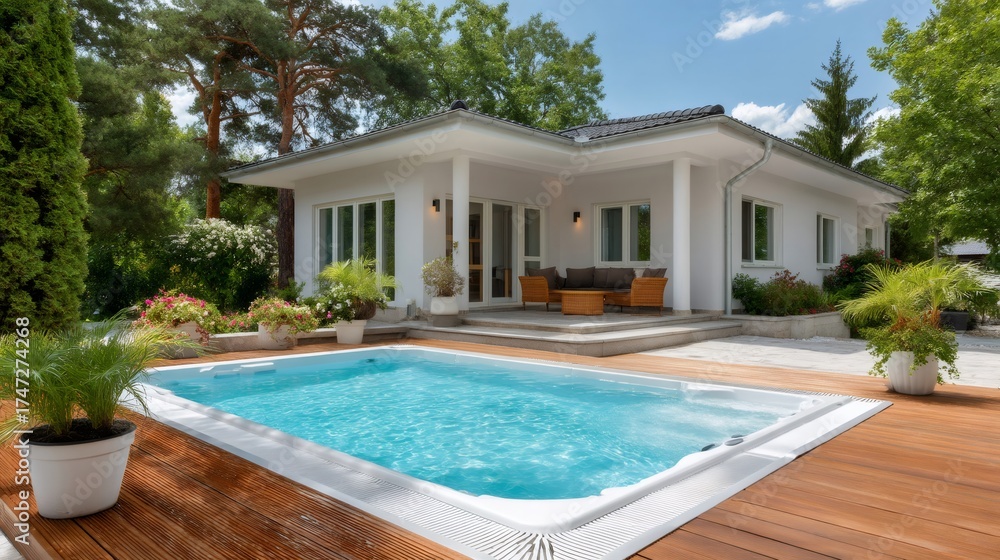 Fototapeta premium Modern bungalow house with swimming pool and wooden deck