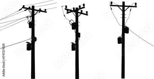 Electricity poles with power cables, black and white silhouette vector illustration showing three wooden utility posts and hanging wires
