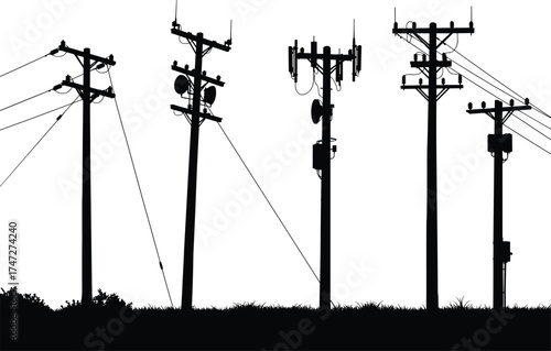 Silhouette of electric and telecommunication poles with antennas and power lines, vector illustration of urban energy and communication infrastructure