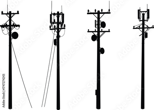 Silhouette of electric and telecommunication poles with antennas, cables, and transmitters, vector illustration of power and network infrastructureSilhouette 