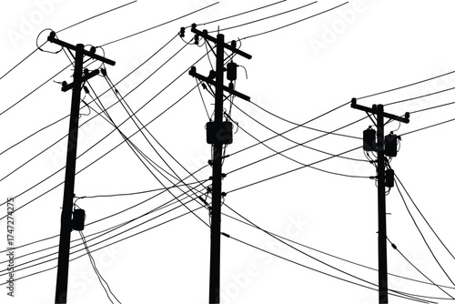 Silhouette of electric utility poles with transformer and tangled power cables, city energy network vector illustration on white background
