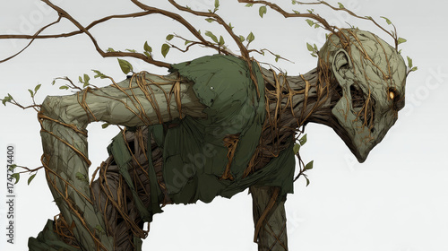 Cinematic close-up of an eerie vine-covered humanoid creature for Halloween, blending natural textures and gothic atmosphere concept