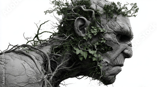 Cinematic close-up of an eerie vine-covered humanoid creature for Halloween, blending natural textures and gothic atmosphere concept