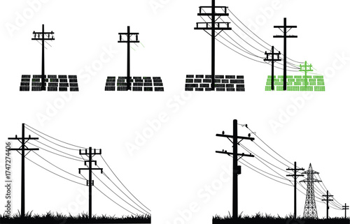 Solar panels with utility poles, renewable energy distribution, electricity transmission system, power grid infrastructure, green energy, sustainable technology, urban and rural electricity