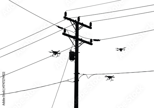 Utility pole silhouette with drones, power line inspection, modern technology, electricity infrastructure, transformer maintenance, aerial monitoring, smart grid, renewable energy safety