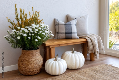 Cozy autumn home decor with white pumpkins