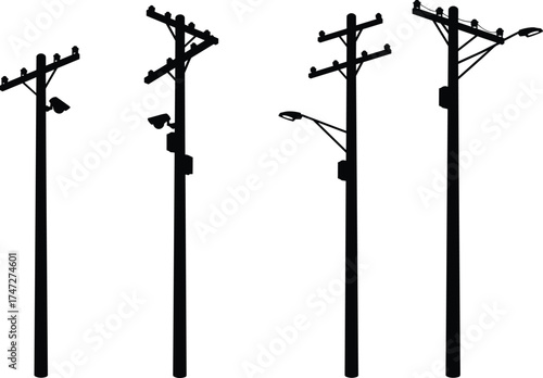 Utility pole silhouettes with surveillance cameras, streetlight poles, electrical infrastructure, power line structures, urban electricity distribution, energy grid, industrial engineering, 