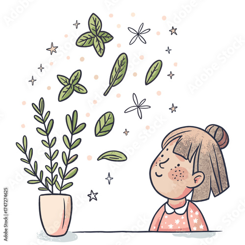 Girl admiring herbs and leaves floating from a potted plant  