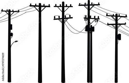 Utility pole silhouettes, electrical infrastructure design, power line structures, transformers and insulators, streetlight poles, urban electricity distribution, industrial engineering, 
