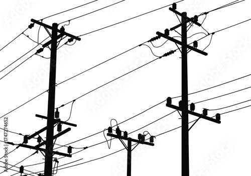 Utility pole silhouettes, electrical infrastructure, power line network, transformers and insulators, urban electricity distribution, energy grid, industrial engineering, communication cables, 