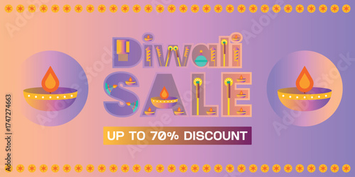 Gradient color banner advertising a Diwali Sale with up to 70% discount. Features two modern, stylized clay oil lamps (diyas) and festive dot patterns.