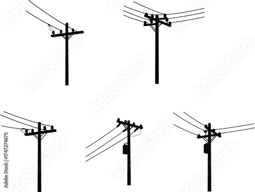 Utility pole silhouettes, electrical infrastructure, power line structures, transformers and insulators, energy grid design, urban electricity distribution, industrial engineering, 