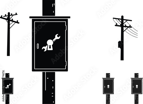 Utility pole silhouettes, electrical infrastructure, power line structures, transformers and insulators, electrical boxes, urban electricity distribution, energy grid, industrial engineering, 