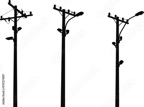 Utility poles silhouette, streetlights and cameras, electrical power lines, urban infrastructure, communication cables, city energy grid, industrial skyline, minimal white background