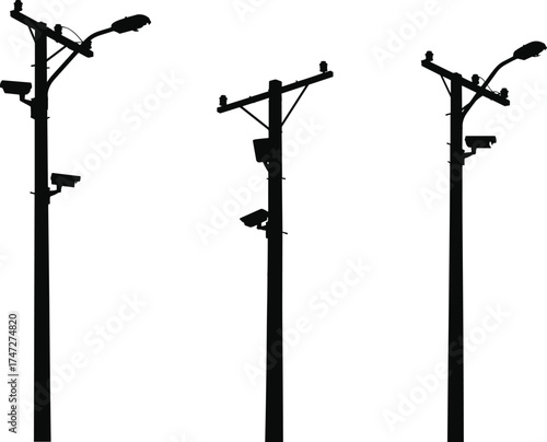 Utility poles silhouette, streetlights and surveillance cameras, electrical power lines, urban infrastructure, communication cables, city monitoring system, 
