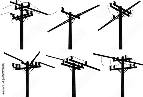 Utility poles silhouette, six different designs, electrical distribution systems, crossarms and insulators, urban infrastructure, power grid network, industrial skyline, minimal white background
