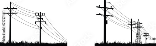 Utility poles with power lines, transmission tower infrastructure, high voltage electricity distribution, rural and urban energy grid, electrical engineering, industrial power system