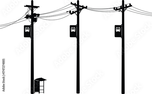 Utility poles with bus stop, urban electricity infrastructure, power lines and public transport, electrical distribution system, city street energy grid, transportation network