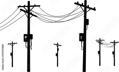 Utility poles with transformers, power line infrastructure, electrical distribution system, rural and urban energy grid, overhead cables, electricity transmission,