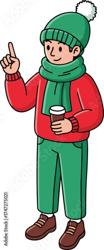 Cartoon person in winter outfit, holding hot drink, pointing upward, festive red sweater, green scarf, cheerful seasonal moment, white background