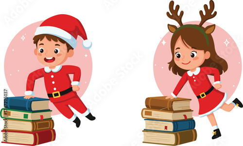 Festive cartoon children with books, Christmas outfits, Santa hat, reindeer antlers, pink sparkle background, joyful holiday scene, playful pose