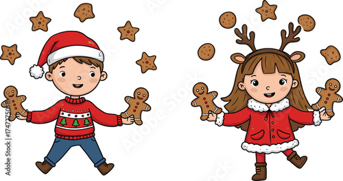 Cartoon children with gingerbread cookies, festive Christmas outfits, holiday baking scene, Santa hat, reindeer antlers, cheerful winter celebration, sweet treats