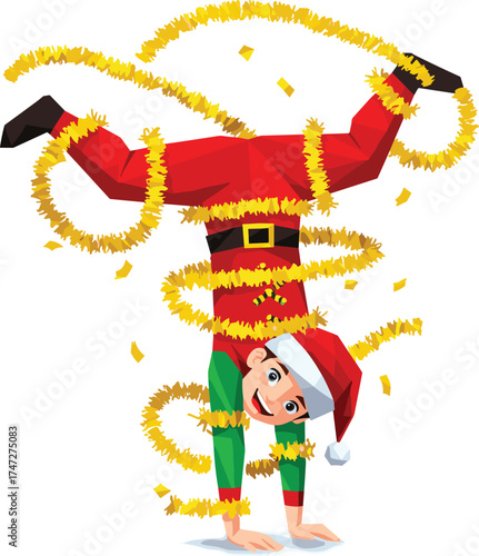 Festive character doing handstand, Christmas costume, Santa hat, golden tinsel swirl, cheerful pose, holiday celebration, playful energy, white background