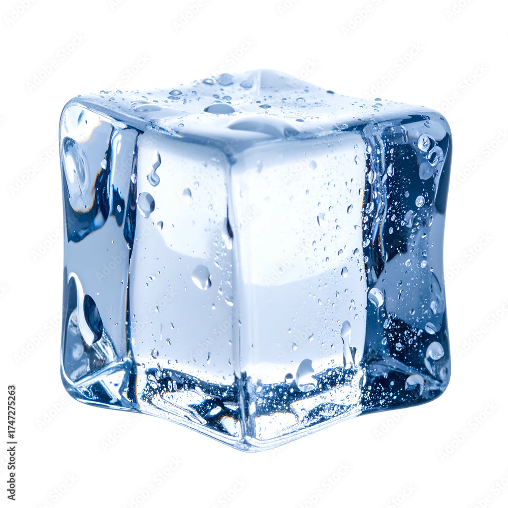 Obraz premium A close-up of a translucent, square ice cube, with water droplets on a black background