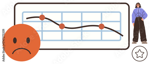 Downward trend graph with large sad face and woman in casual attire. Ideal for business performance, feedback, failure, regret, decisions, emotions, analytics. Clean simple flat metaphor