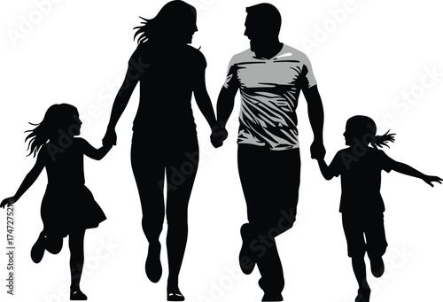 Silhouette of family walking together, parents and children holding hands, joyful motion, active lifestyle, unity, white background, community illustration