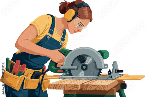 Female carpenter using bench table saw, close-up with safety details