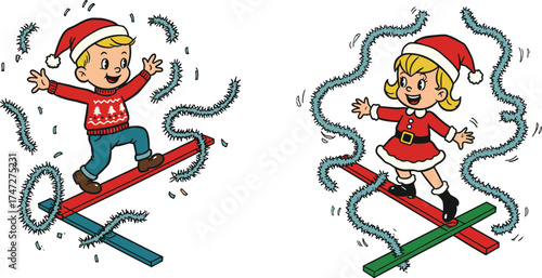 Cartoon children on magnetic bars, festive Christmas outfits, Santa hats, swirling particles, playful science concept, winter learning scene, cheerful holiday illustration