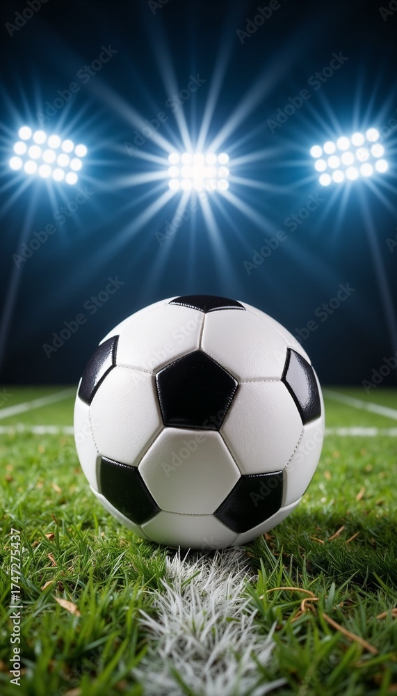 Fototapeta premium An evening match. A soccer ball on a green field under the bright stadium lights.